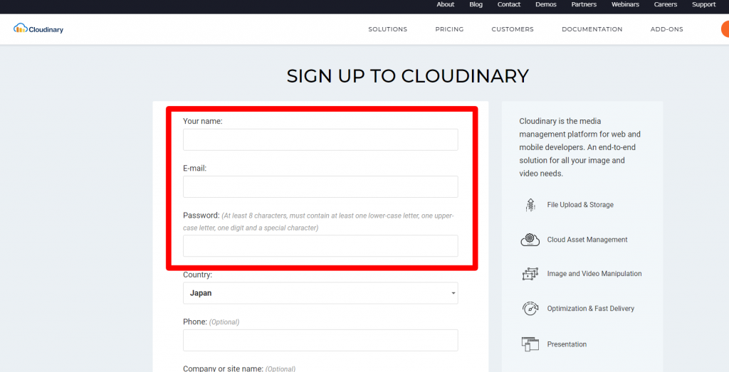 Cloudinary登録 名前/email/passwordは必須です